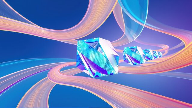 Abstract geometric shapes, vibrant colors, flowing lines create dynamic composition. Blue dominates with pink accents. Modern digital art.