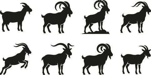 Fototapeta premium Mountain Goat Ibex Black Silhouette Vector Collection