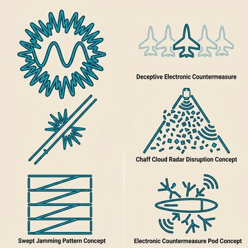 Set of electronic warfare and countermeasure icons representing jamming chaff and radar disruption for military technology concepts vector illustration