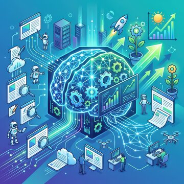 Ai brain with futuristic technology and workspace elements