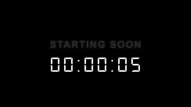 Starting soon Digital countdown clock timer in 60 sec to zero second. ideal for video editing, motion graphics, and live stream overlays. 4K animation.