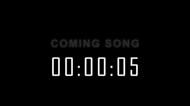Coming song Digital countdown clock timer in 60 sec to zero second. ideal for video editing, motion graphics, and live stream overlays. 4K animation.