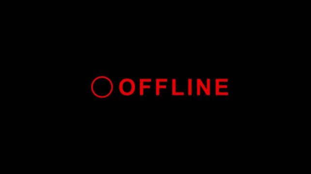  A clean dark animated screen showing a small red and white blinking dot beside the white OFFLINE text indicating an inactive or disconnected status 4k video animation.
