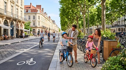 Fototapeta premium Happy family enjoying a sunny day cycling together on a picturesque city street with urban bicycle lanes and beautiful historic architecture