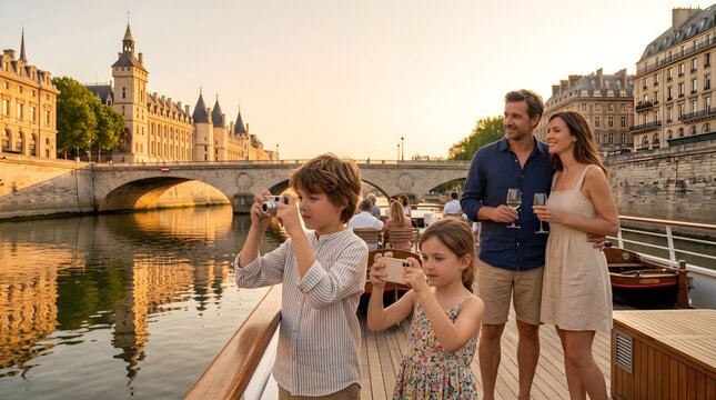 Happy Family Enjoying a Scenic River Cruise Along the Iconic Seine Waterfront in Paris at Sunset