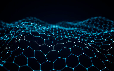 Fototapeta premium Glowing blue digital hexagonal grid forming smooth flowing waves across dark empty space representing advanced computer networking and complex data science