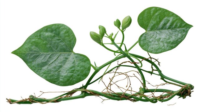 A green vine displays heartshaped leaves and a root system against a white background.