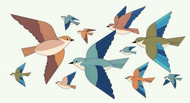 Stylized flock of birds flying in various directions with wildlife, movement