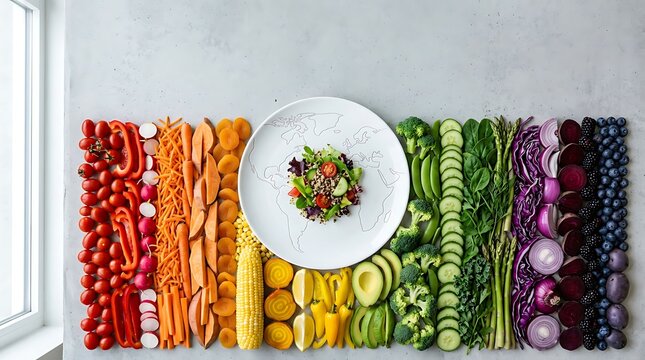 World Vegetarian Day concept with rainbow of fresh vegetables and fruits
