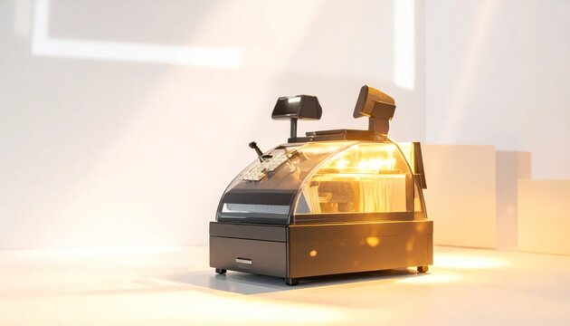 Vintage Cash Register Illuminated with Warm Light on a Table.