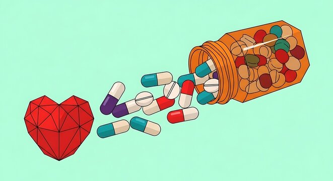 Assorted colorful pharmaceutical capsules pouring out of a bottle near a red