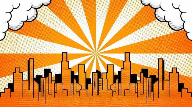 Retro orange city skyline featuring vibrant sunburst rays, comic clouds, and halftone texture. Perfect for banners, posters, presentations, websites, comic-style projects, and urban graphic design.