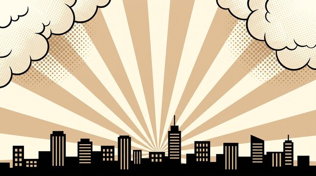Warm beige city skyline illustration with retro radial rays and comic clouds. Suitable for business graphics, presentations, travel posters, and creative marketing materials.