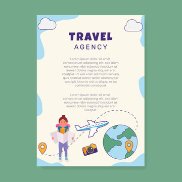 Travel agency poster layout with traveler looking at map illustration