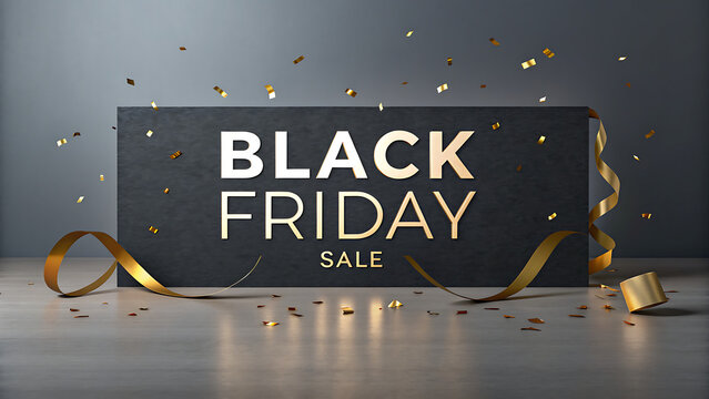 Luxury Black Friday Sale Banner with Gold Typography Ribbon and Confetti Background