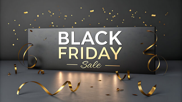 Luxury Black Friday Sale Banner with Gold Typography Ribbon and Confetti Background