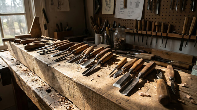 Assorted woodworking chisels and carving tools displayed on a rustic timber workbench bathed in warm sunlight