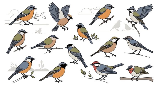 Collection of various small songbirds in different poses and activities