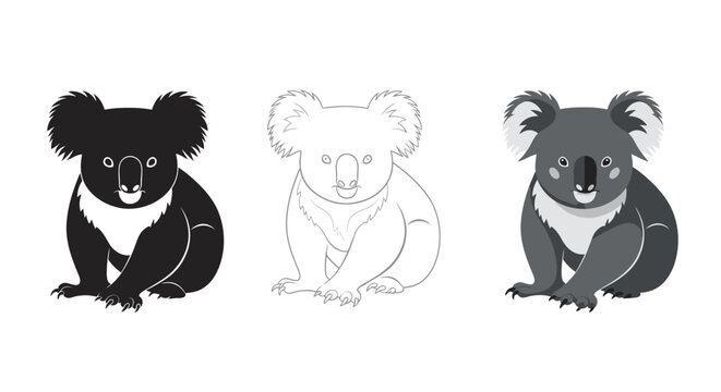 Set of three cute koala bear vector illustrations featuring a black silhouette, a simple line art outline, and a detailed gray colored version
