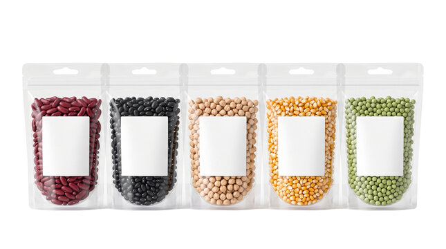 Dried white kidney beans in transparent plastic packaging, organic cannellini beans for grocery retail, raw legumes in clear bag isolated PNG with Transparent Background