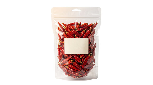 Dried red chili peppers in transparent plastic pouch, spicy hot peppers in retail packaging with blank label, organic food product mockup isolated PNG with Transparent Background