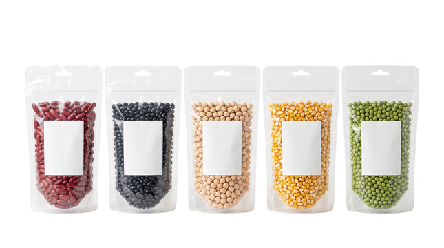 Transparent plastic pouches with assorted legumes, 5 stand-up doy-pack bags with blank labels, colorful dried beans and peas food packaging isolated PNG with Transparent Background