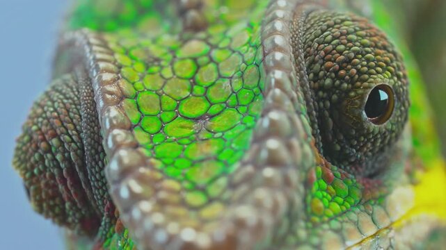 Stunning detail of panther chameleon's face with vivid green and yellow skin patterns and large rotating eyes looking around, isolated on soft blue background, extreme close-up portrait