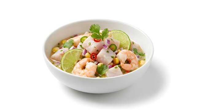 Fresh ceviche bowl with shrimp and lime. Traditional seafood dish served in white bowl.
