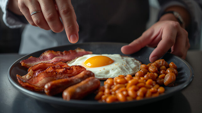 Chef Hands Serving Full English Breakfast with Fried Egg, Bacon, Sausages, and Baked Beans