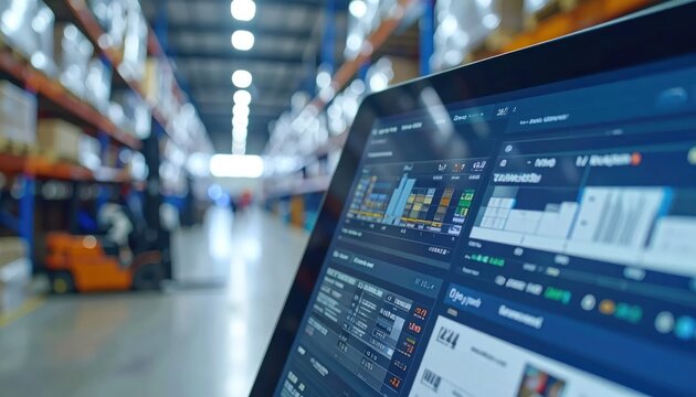 Warehouse Management System Dashboard on Laptop Screen in Logistics Center.