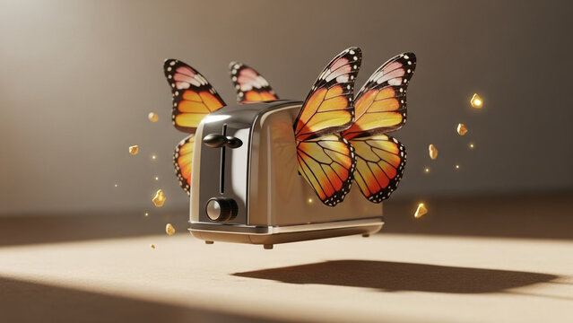 Vibrant monarch butterflies emerging from a silver toaster with crumbs flying everywhere in a whimsical scene.