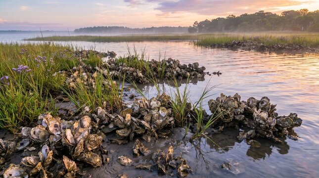 Living shoreline featuring oyster reefs and native vegetation for coastal resilience. Ideal for ESG reports, blue economy, restoration projects, and environmental communication.
