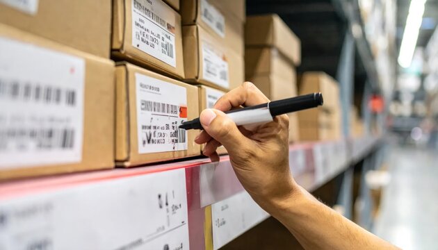 Warehouse worker labeling boxes on shelves with a marker.