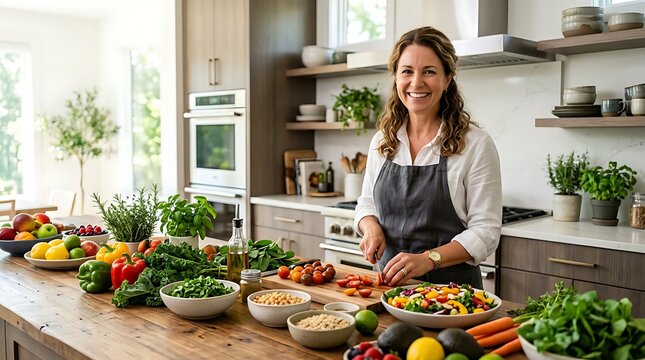 Smiling woman preparing healthy plant based meal in modern kitchen