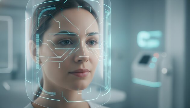 Womans face with digital data overlay for biometric scanning and identification