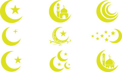 Yellow Islamic Crescent Moon and Star Icon Vector Set with Mosque Dome and Minaret Shapes for Ramadan Kareem and Eid Mubarak Holiday Designs © MINARA