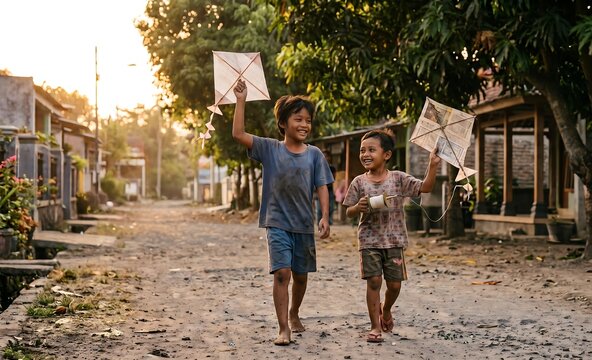Generative AI illustration of two cheerful boys going to play with traditional kites as a reward after finishing daily chores and helping their parents, walking with dirty clothes on a rural dir