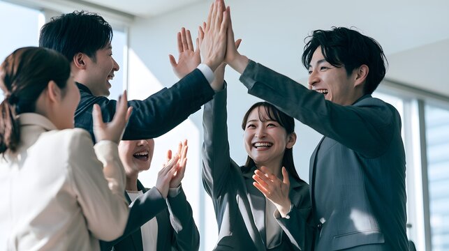 Serene team celebrating with a high five / 柔らかな光のハイタッチで喜ぶ職場チーム