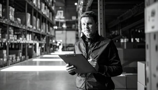 Warehouse worker with clipboard checking inventory on shelves.