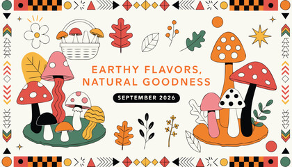 Fototapeta premium Colorful flat vector illustration featuring cute mushrooms and decorative autumn foliage