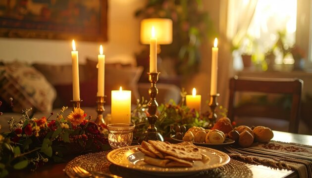 Warm Candlelit Dinner Table Setting with Food and Decorations.
