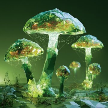 Crystalline mushrooms grow on a faceted forest floor surrounded by stylized plants and a green gradient background during daytime.