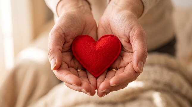 Red felt heart held in elderly hands, senior woman cupping a fabric heart symbol, concept of healthcare and love for elderly care services