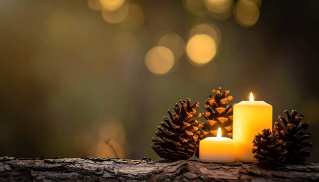 Warm Glow of Candles and Pine Cones on Rustic Surface.
