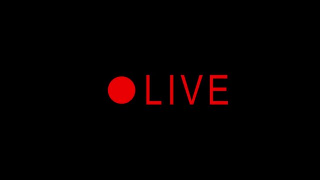Live broadcast indicator with red blinking dot and white text on black background 4k animation.