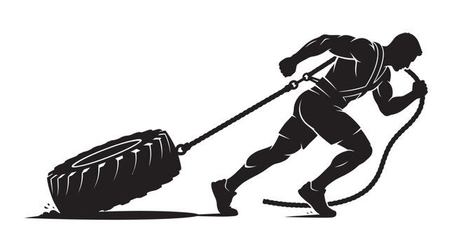 Man Pulling Tire With Rope Black Silhouette