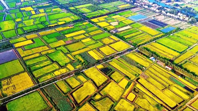 Aerial View of Patchwork Farmland with Colorful Agricultural Fields in china