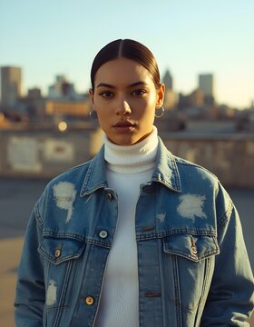 Stylish young woman wearing denim jacket and white turtleneck in urban rooftop setting at golden hour
