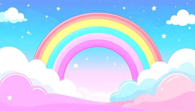 Whimsical Rainbow Arching Over Dreamy Pink Clouds and Starry Sky.