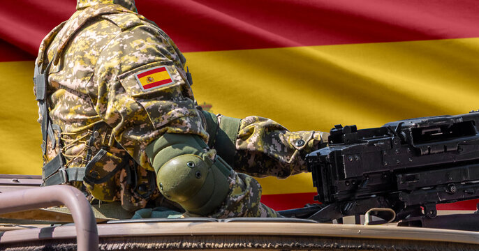 Spain flag with soldier at machinegun turret